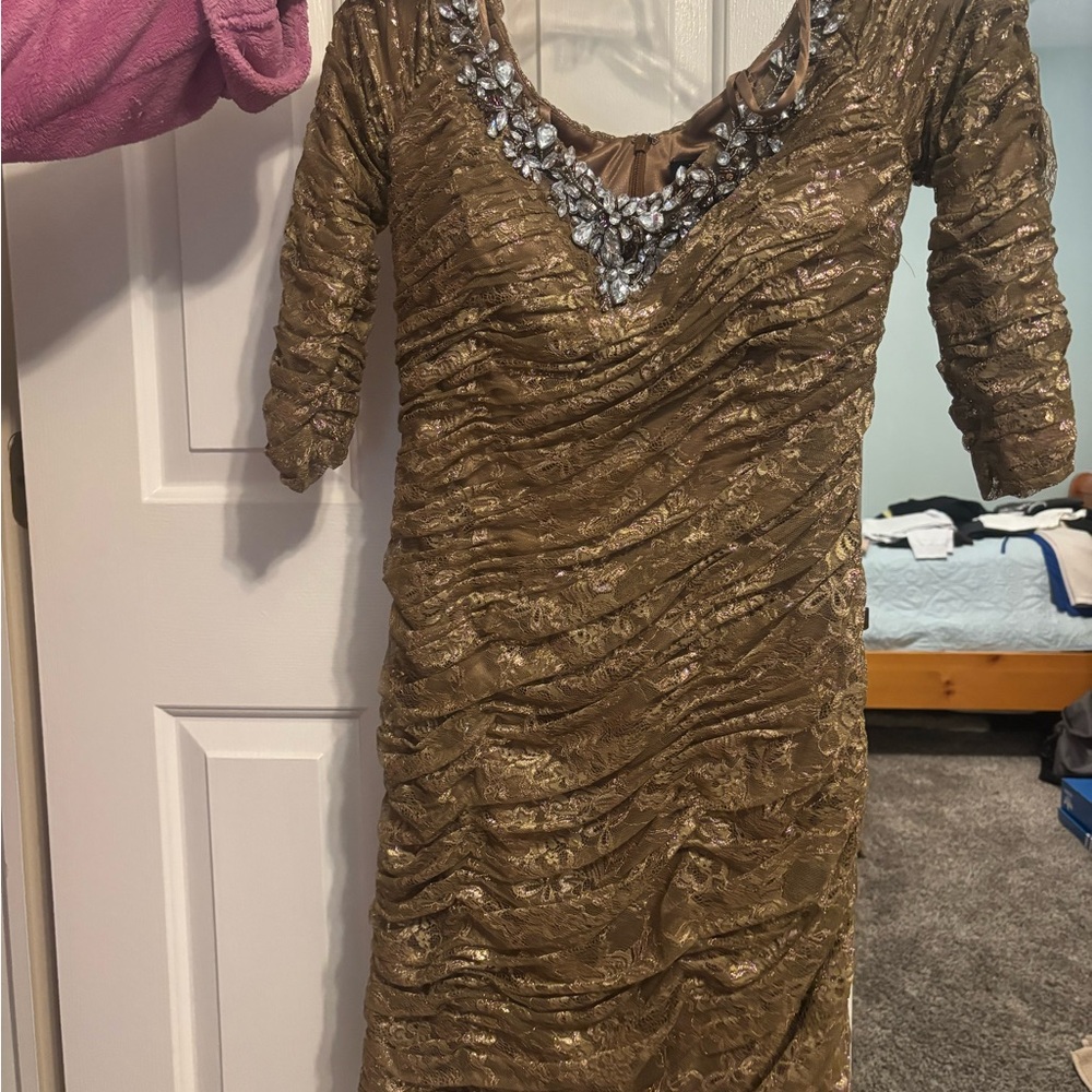 Terani Couture Bronze Lace Dress with Silver Accents